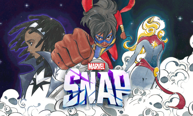 Marvel Snap promotional art featuring Ms. Marvel, Spectrum, and Captain Marvel.
