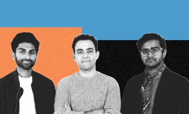 Three young men stand side-by-side against a geometric background.