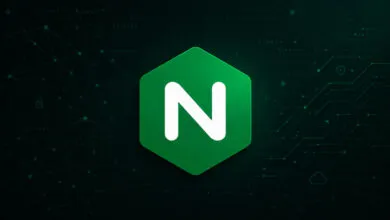 NGINX logo, a white 'N' inside a green hexagon, on a dark tech background.