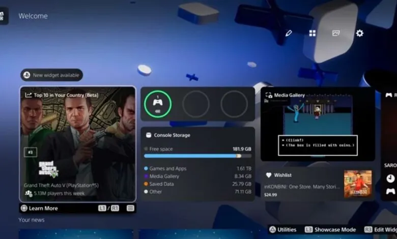 PlayStation 5 home screen showing game tiles, storage info, and media gallery.