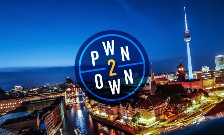 Pwn2Own logo over a nighttime cityscape of Berlin, Germany.