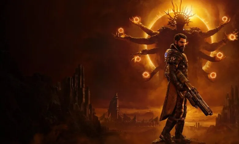 Man with gun stands before a multi-armed figure in a fantasy landscape.