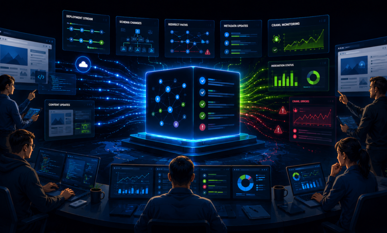 Team monitors SEO changelogs, deployment, and crawl data on multiple screens.