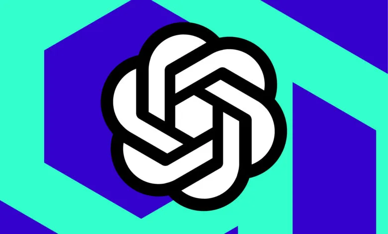 OpenAI logo, a white geometric design with black outline, on a blue and teal background.