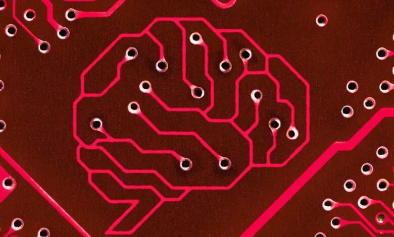 Circuit board with brain-shaped wiring, symbolizing artificial intelligence.