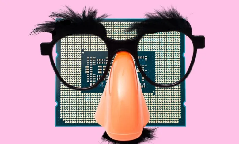 CPU chip wearing Groucho Marx glasses and nose on pink background.