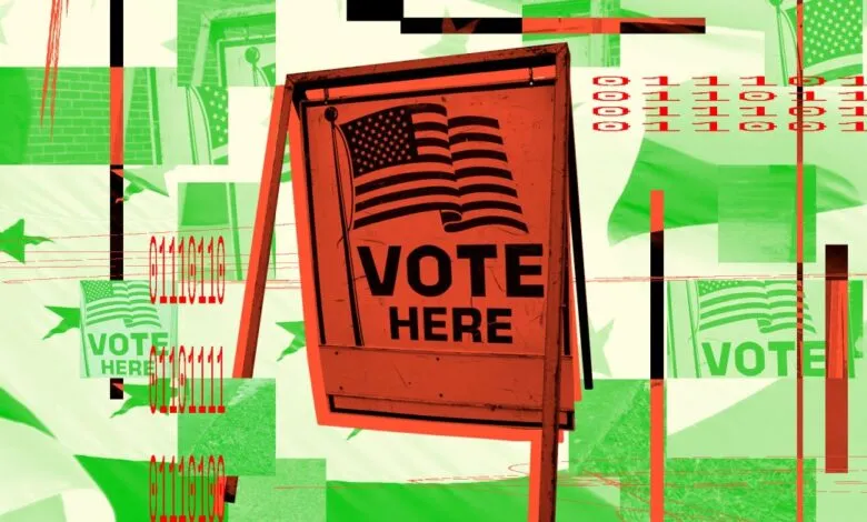 Abstract digital art featuring a 'Vote Here' sign and American flags.