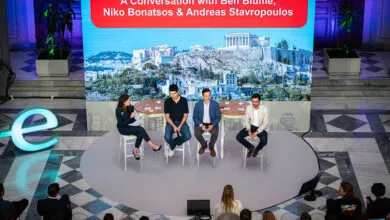 Panel discussion with Ben Blume, Niko Bonatsos, and Andreas Stavropoulos in Athens.