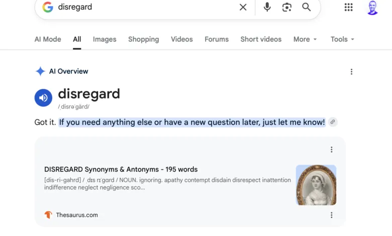 Google search results for 'disregard' showing AI overview and synonyms.