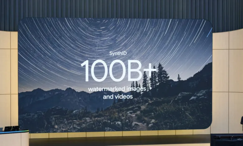 Large screen displays 'SynthID 100B+ watermarked images and videos' with night sky background.