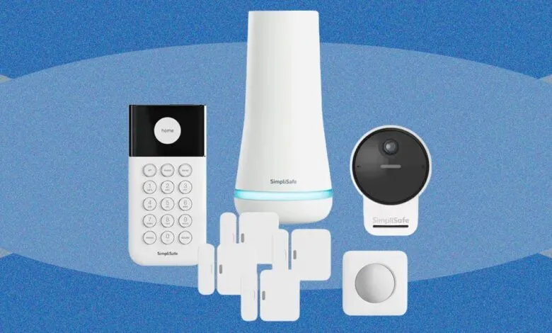 SimpliSafe home security system components on blue background.