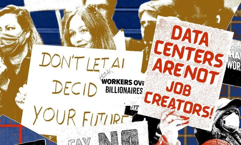 Protesters holding signs about AI, data centers, and workers' rights.