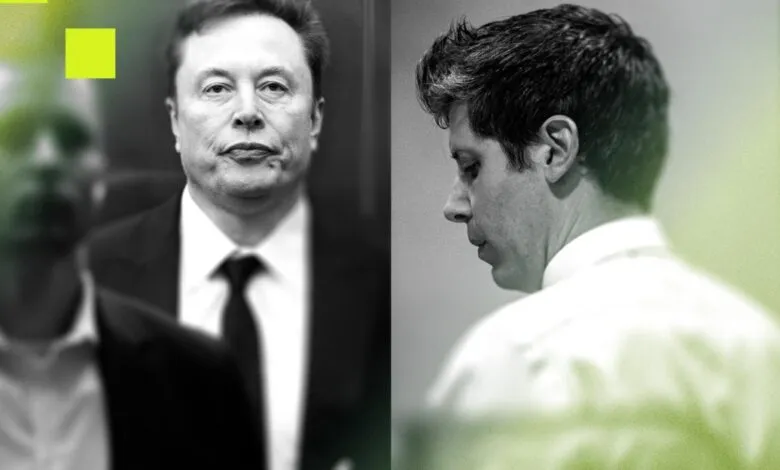 Split image of Elon Musk and Sam Altman in a stylized, modern design.