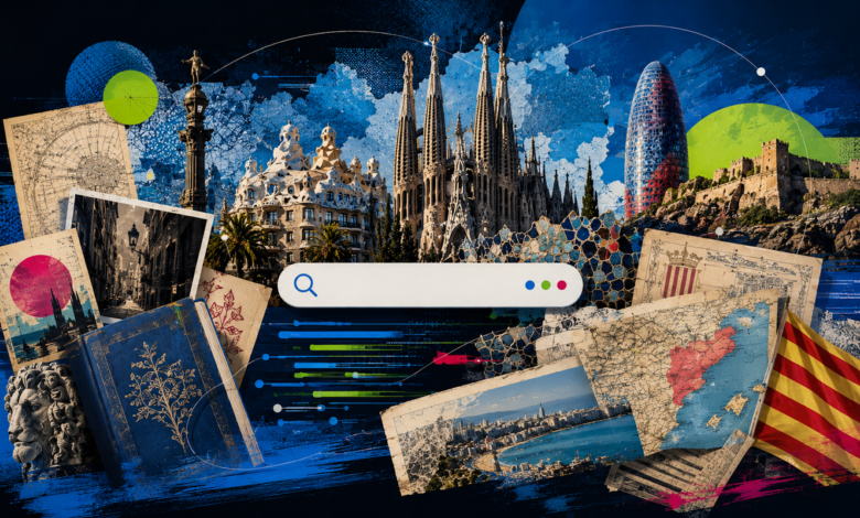 Barcelona landmarks collage with search bar overlay, maps, and vintage photos.