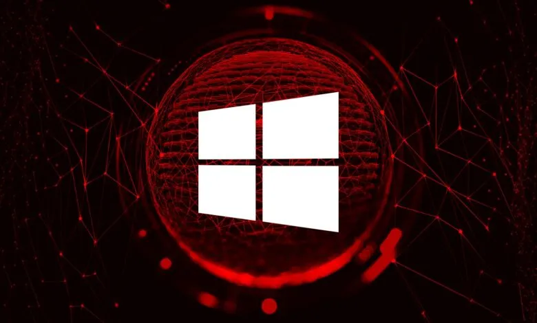 White Windows logo on a red digital network background.