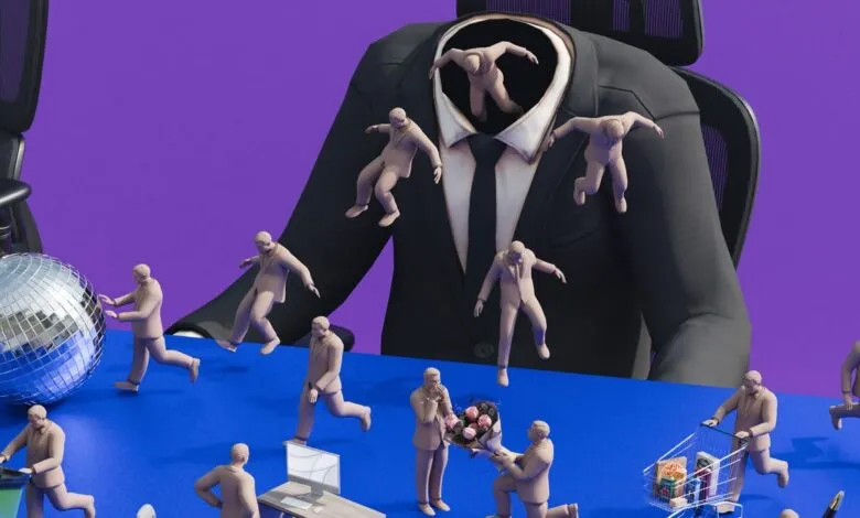 Miniature figures in suits interacting with a giant suit and office objects.