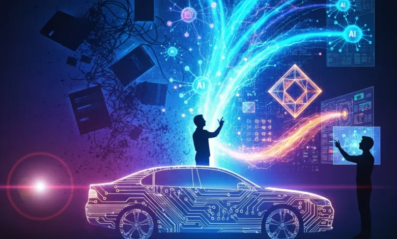AI-powered car design with glowing circuits and data streams.