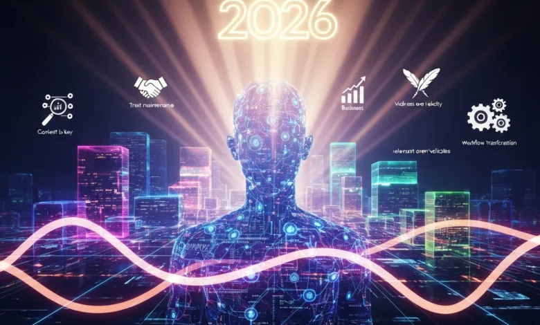 Futuristic cityscape with digital human figure and 2026 year indicator.