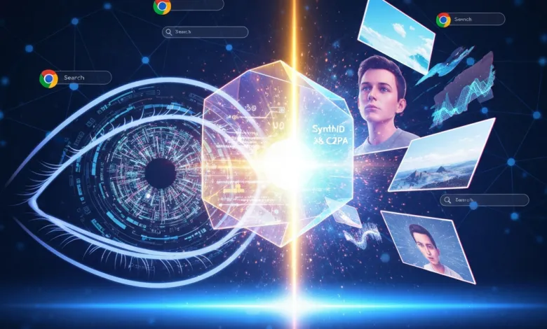 Futuristic image of an eye, cube, and person with search bars floating around.