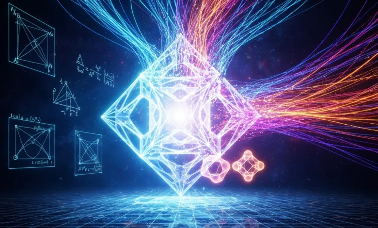 Abstract geometric shapes with glowing lines and mathematical formulas.
