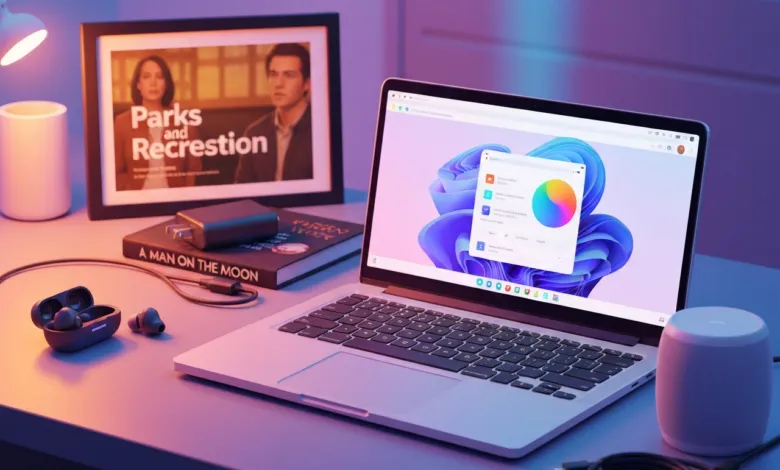 Laptop displaying Windows 11 with accessories and 'Parks and Recreation' framed picture.