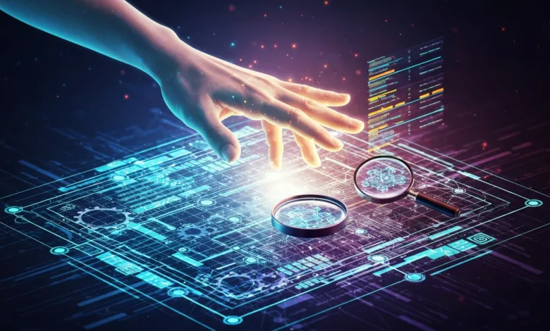 Hand interacting with digital interface, magnifying glass, and data visualization.
