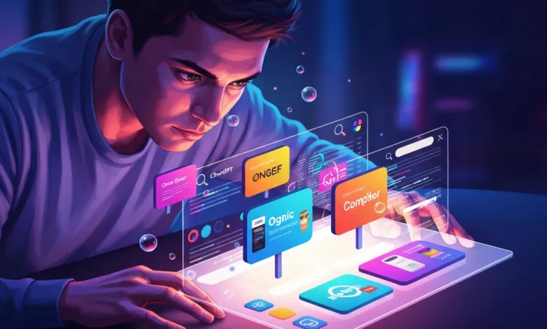 Person interacts with floating app icons and search bars on a digital interface.