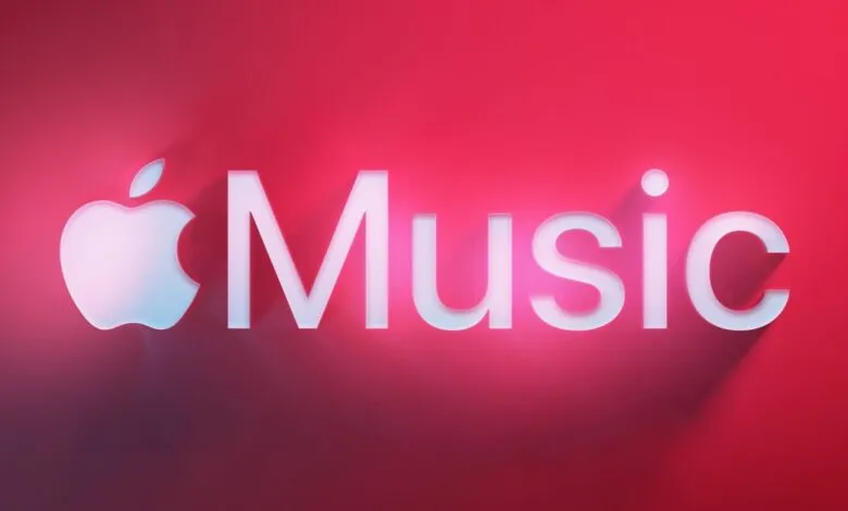 Apple Music logo with white text and apple symbol on a red background.
