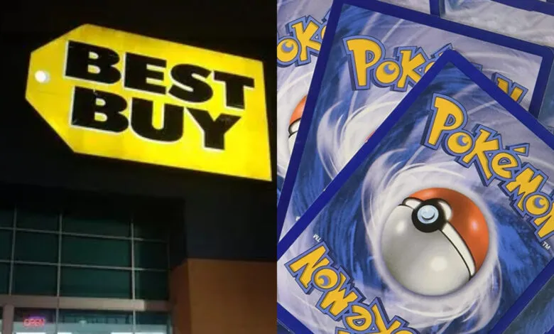Split image: Best Buy store sign and close-up of Pokemon card backs.