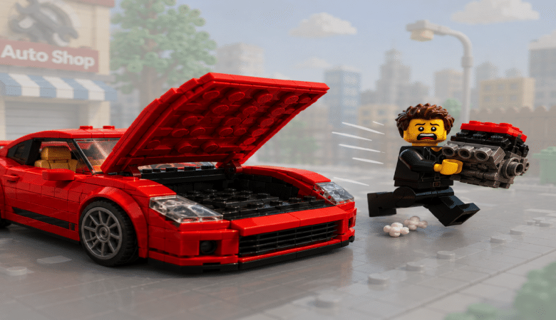Lego man runs with car engine, red Lego car with open hood in background.