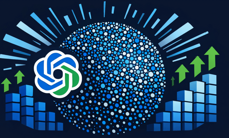 ChatGPT logo with upward trending graph and dotted sphere background.