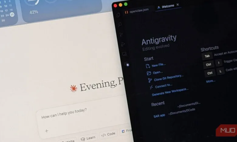 Two screens showing Claude AI and Antigravity code editor side-by-side.