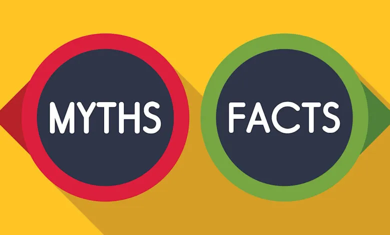 Two circles labeled 'Myths' and 'Facts' on a yellow background.