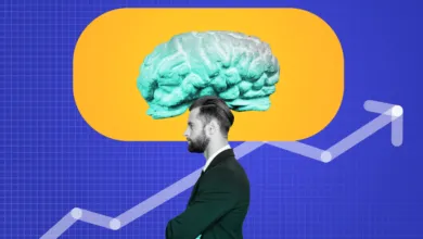 Man with brain graphic, upward trend line, business concept.