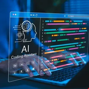 AI coding assistant interface on laptop screen with hands typing on keyboard.