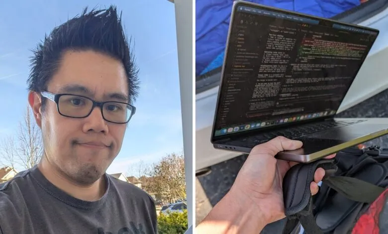 Split image: man's selfie and laptop displaying code, held over a bag.