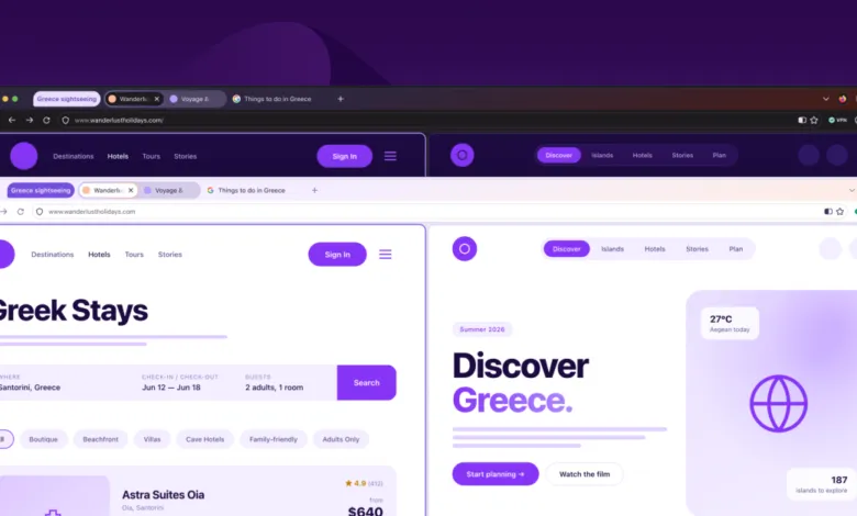 Wanderlust Holidays website displayed in two browser windows, showcasing Greek stays and travel planning.