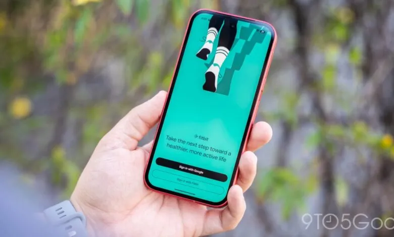 Fitbit app on phone screen showing 'Sign in with Google' option.
