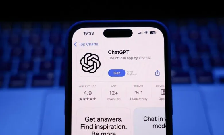 ChatGPT app listing on an iPhone screen, showing ratings and description.