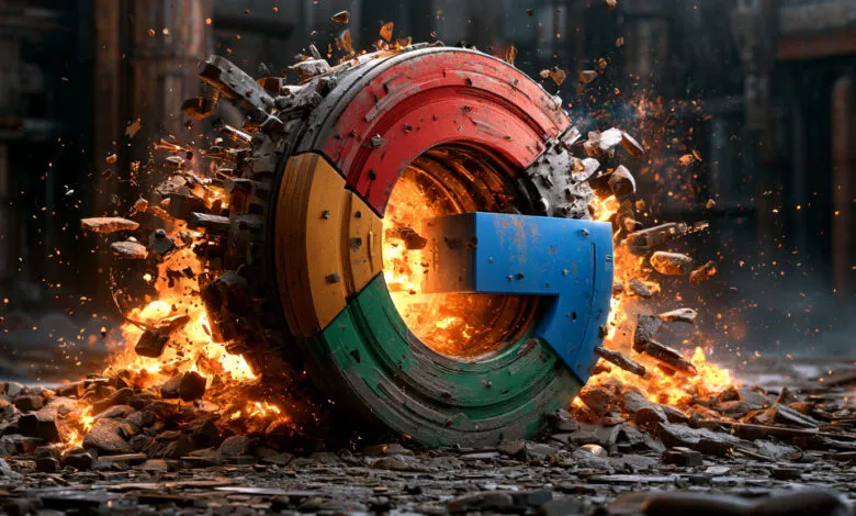 Google logo crumbling amidst fire and debris, industrial setting.