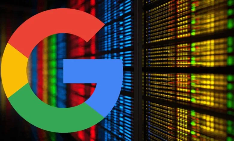 Google logo overlayed on a server room, showcasing data center infrastructure.
