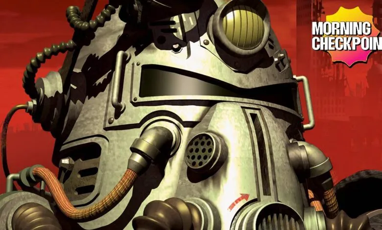 Close-up of Fallout Power Armor with 'Morning Checkpoint' logo overlay.
