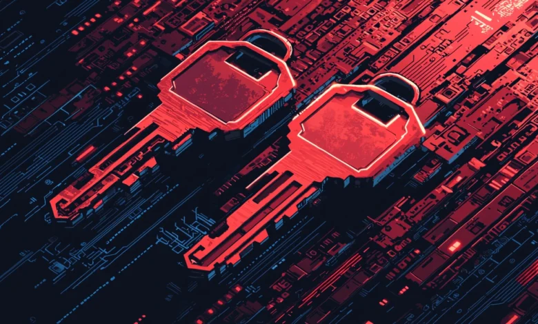 Two red keys overlayed on a dark circuit board background.