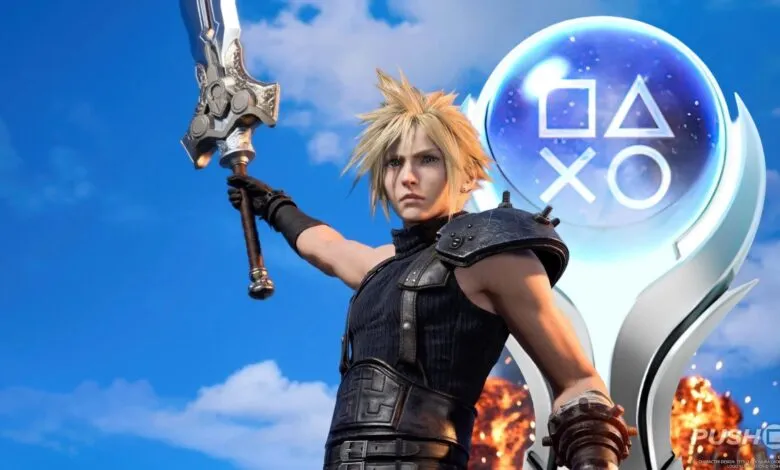 Cloud Strife holds Buster Sword with PlayStation trophy against blue sky.