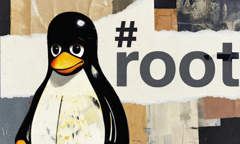 Cartoon penguin with '#root' text on a collage background.