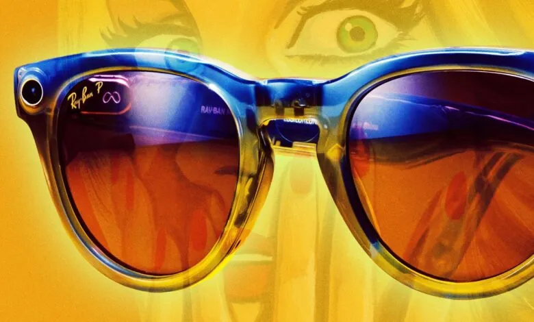 Close-up of Ray-Ban Meta smart glasses with a woman's face in the background.