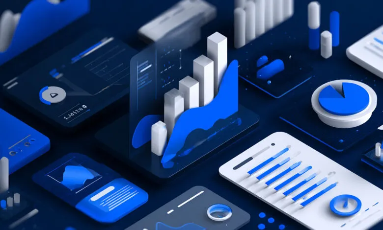 Isometric view of data analytics dashboards and charts in blue and white.