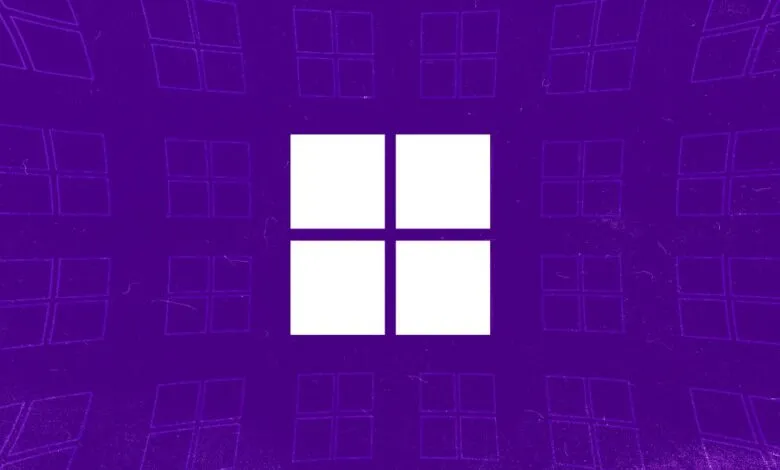 Microsoft Windows logo on purple background with repeating window icons.