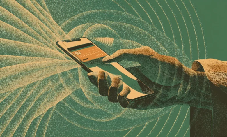 Hand holding phone with credit card on screen, digital payment.