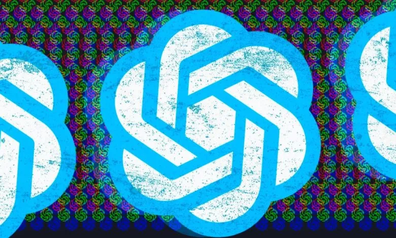 Three OpenAI logos with a pixelated, colorful background pattern.